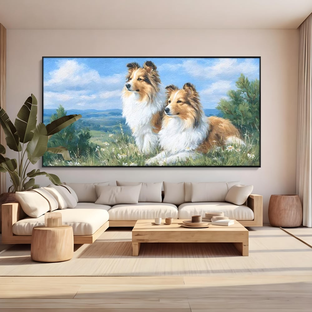 Tablou canvas cu tablou canvas cu doi caini ciobanesti pe un deal, in rama de aluminiu negru, pe perete intr-un living